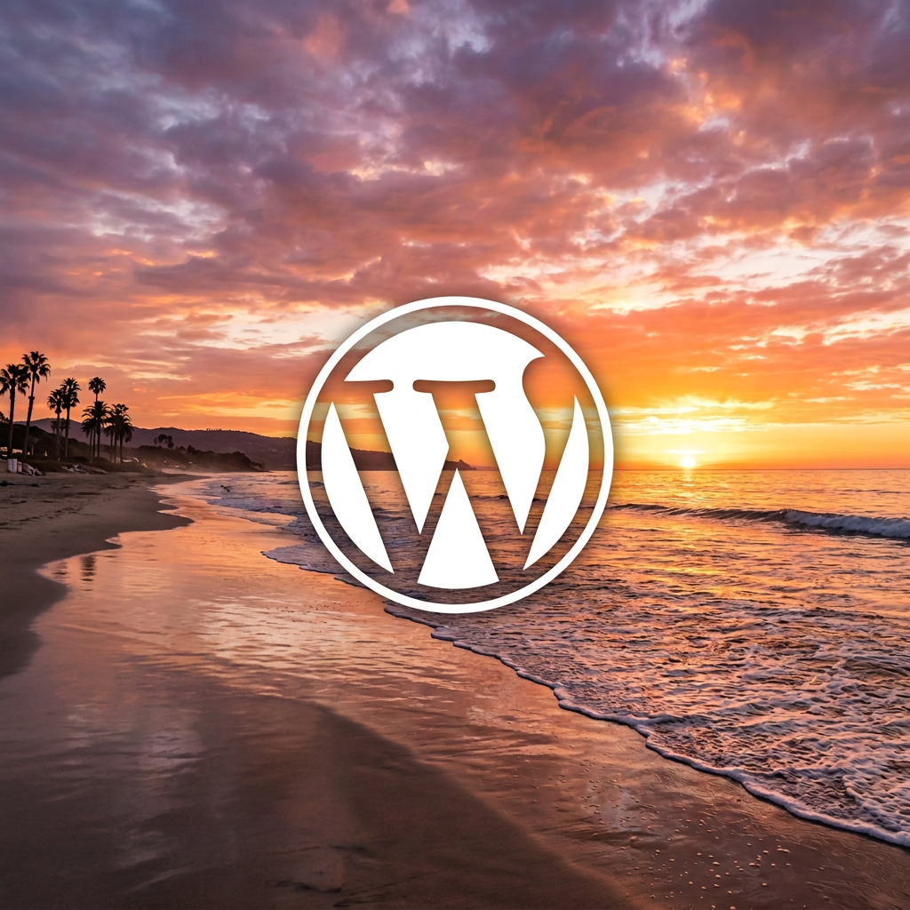 WordPress logo over a sandy beach with waves at sunset