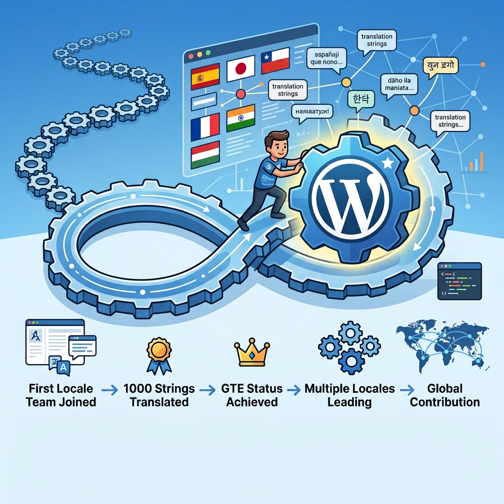 Person pushing WordPress gear along a gear-shaped infinity path illustrating stages of translation progress with flags and translation strings.