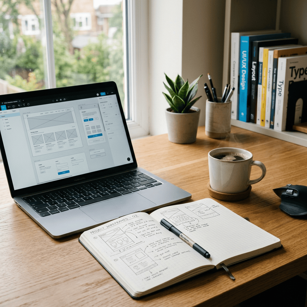 Laptop displaying wireframe design, open notebook with sketches, coffee cup on wooden desk
