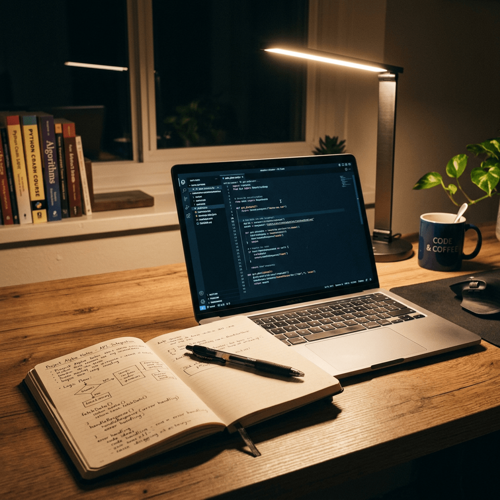 Laptop with code on screen beside an open notebook with handwritten notes and a pen, next to a coffee mug and desk lamp on a wooden desk