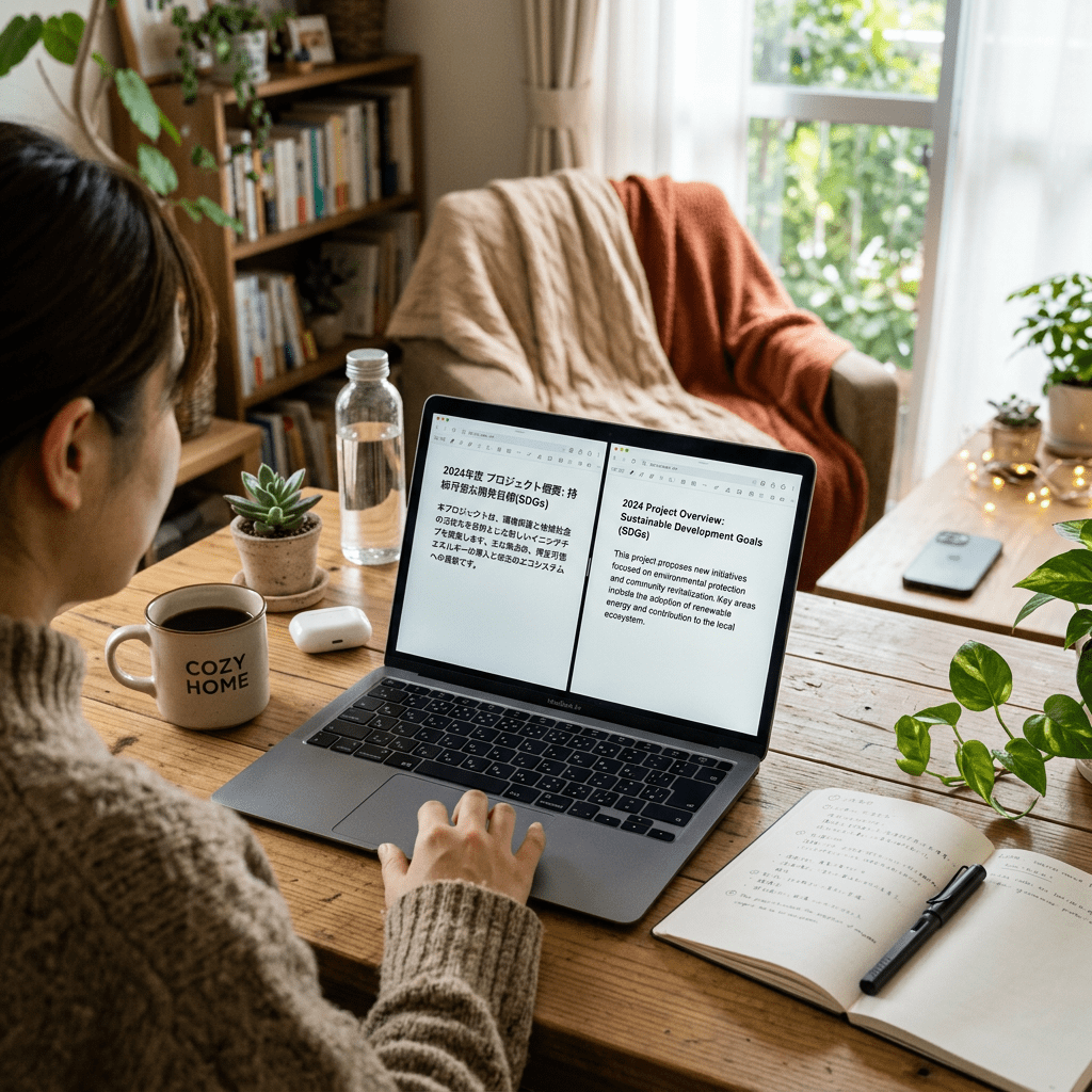 Person using a laptop showing a sustainable development goals project overview in English and Japanese